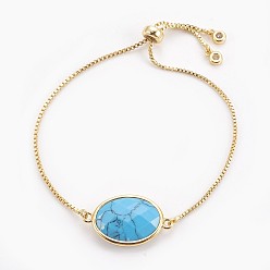 Синтетическая Бирюза Регулируемые латунные браслеты Боло, слайдерные браслеты, с синтетическим бирюзовым звеном и фианитом, овальные, золотые, 9-3/8 дюйм (23.9 см), 1 мм