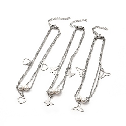 Patrones Mixtos Tobillera con dije de 304 acero inoxidable y perla ccb, cadena de bordillo tobillera de doble capa para mujer, patrones mixtos, Pendnat: 9.5~11x12.5~14x0.5 mm, 8-7/8 pulgada (22.5 cm)