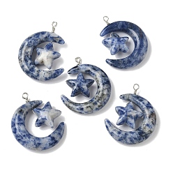 (306FM) Жонкиль матовый с лаймовой подкладкой Натуральные синие пятна яшмы подвески, луна со звездными чарами, с петлями из медной проволоки, платина, 36~37x27~28x7.5~8 мм, отверстие : 4 мм