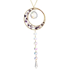 Прозрачный АВ Подвесные украшения из натурального аметиста, розового кварца и проволочной оплетки, а также металлические кольца, стеклянные бусины цвета ab восьмиугольные ловцы солнца с кисточками для украшения сада на открытом воздухе, ясно AB, 420 мм