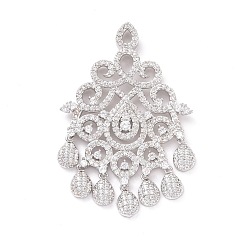 Платина Экологически чистые латунные микро-паве прозрачные кубические циркония большие подвески, без кадмия и без свинца, долговечный, слеза, платина, 58x38.5x4 мм, отверстие : 3.9 мм