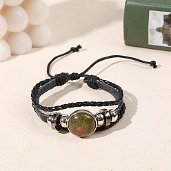 Унакит Многорядные браслеты из натурального унакита с плоскими круглыми звеньями, плетеные трехслойные браслеты из искусственной кожи для мужчин и женщин, внутренний диаметр: 2-1/8~2-1/2 дюйм (5.5~6.5 см)