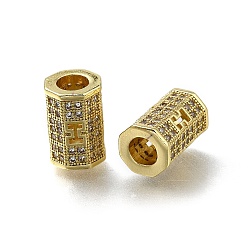 Настоящее золото 18K Латунь микропаве прозрачный кубический цирконий европейский бисер, бусины с большим отверстием, шестиугольник с буквой i, долговечный, стойки покрытие, без свинца и без кадмия, реальный 18 k позолоченный, 12x8 мм, отверстие : 4.5 мм