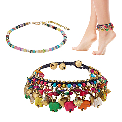 (52) Непрозрачная лаванда 2 шт. 2 стили браслеты на лодыжку в стиле бохо с дисками из драгоценных камней, украшенные бусинами хейши, и браслеты на лодыжку с кисточками из окрашенной синтетической бирюзы в виде слона для женщин, золотые, разноцветные, 9-3/8 дюйм (238 мм), 1 шт / стиль