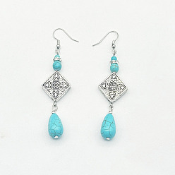 Rhombus Серьги-подвески из цинкового сплава с синтетической бирюзой, серебряные, ромб