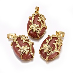 Камень с Пылевым Золотом Синтетические голдстоуновские подвески, с фурнитурой латунной золотого тона, овальные с цветком, 32x20x9 мм, отверстие : 5x8 мм