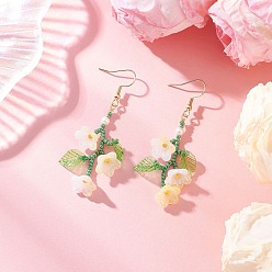 Желтый 304 из нержавеющей стали болтаться серьги, со стеклянными семенами и акрилом, цветок, золотые, желтые, 49~51 мм