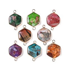 Mixed Color Dyed Synthetic Imperial Jasper Connector Charms, Golden Plated Brass Hexagon Links, Mixed Color, 29~30x19~20x4.5~6mm, Hole: 2.5mm