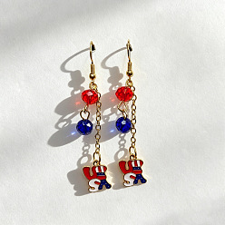 Mot Boucles d'oreilles pendantes en alliage, émail et verre, pour la fête de l'indépendance, or, rouge blanc et bleu, mot, 50mm