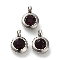 Amethyst Trendy Original Color 304 Stainless Steel Grade A Rhinestone Flat Round Charm Pendants, Faceted, Stainless Steel Color, Stainless Steel Color, Amethyst, 9x6.5x4mm, Hole: 2mm