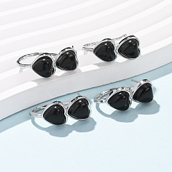 Обсидиан Серьги-гвоздики в форме сердца из натурального обсидиана ко Дню святого Валентина, с латунными застежками для сережек с гальваническим покрытием, платина, 26x10 мм