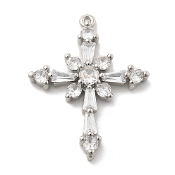 Платина Латунные микропаве прозрачные подвески с фианитом, крестик, стойки покрытие, долговечный, без свинца и без кадмия, платина, 23.5x18.5x3.5 мм, отверстие : 0.8 мм