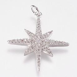 Платина Латунные микро проложить кубического циркония подвески, звезда, платина, 25x23x3 мм, отверстие : 3 мм