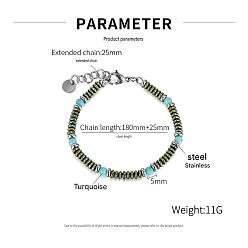 Turquesa Sintético Pulseras redondas de turquesa sintética y acero inoxidable con cuentas para hombres y mujeres., color acero inoxidable, 304 pulgada (7.09 cm)
