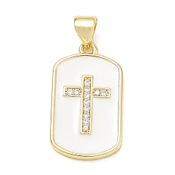 White Religion Cross Brass Micro Pave Clear Cubic Zirconia Pendants, Rectangle Dog Tag Charms with Enamel, Lead Free & Cadmium Free, Long-Lasting Plated, Rack Plating, Real 18K Gold Plated, White, 23x13x2mm, Hole: 5x3.5mm