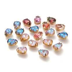 (52) Непрозрачная лаванда Шить на горный хрусталь, флуоресцентный стиль мокко, стекло горный хрусталь, с позолоченными латунными зубцами, граненые, слеза, разноцветные, 14x10x7 мм, отверстие : 0.8~1.2 мм