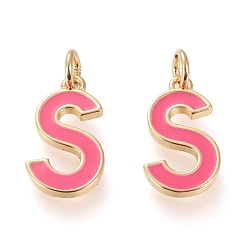 Letter S Латунь эмаль подвески, с целью перехода в кольце, долговечный, реальный 18 k позолоченный, letter.s, ярко-розовый, letter.s, с: 17x9.5x1.8 мм, прыжковые кольца: внутренний диаметр: 3 мм