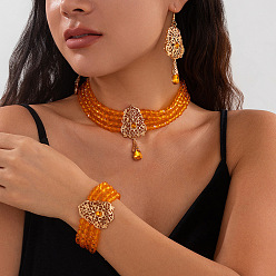 Топаз Ожерелье с подвеской из сплава со стеклянными стразами в форме капли, серьги-гвоздики и браслет, золотые, топаз, 400 мм