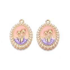 Розовый Стойки обшивки сплава эмали подвески, с ABS имитации жемчуга, без кадмия, без никеля и без свинца, золотой свет, овал с цветочной подвеской, туманная роза, 28x20x3 мм, отверстие : 1.8~2 мм