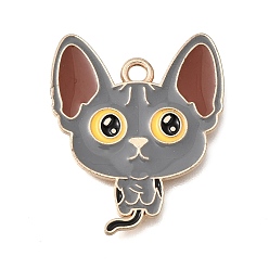 Gray Alloy Enamel Pendants, Cat Shape Charms, Light Gold, Gray, 26.5x22x1mm, Hole: 2mm