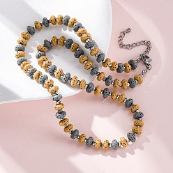 (932FM) Темно-синий аква-матовый с подкладкой Ожерелья из бусин-ронделей из окрашенной натуральной лавы и синтетического немагнитного гематита, два тона, с концевыми цепями из нержавеющей стали, темно-золотистые, 18.50 дюйм (47 см)