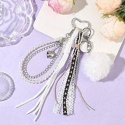 Белый Подвеска из искусственного кроличьего волоса, полиэстерового шнура, пластиковой жемчужной бусины и железной цепочки, платина, белые, 275~280 мм