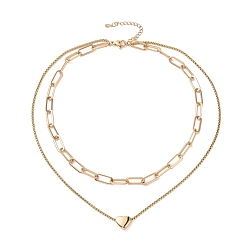 Golden PVD Vacuum Plating 304 Stainless Steel Double Chains Multi Layered Necklace with Heart Beaded for Women, Golden, 16.34 inch(41.5cm)