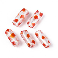 Оранжево-Красный Handmade стеклянные бусины Lampwork фольги, столбец в горошек, оранжево-красный, 19~20x7.5~8.5 мм, отверстие : 0.7~1.8 мм