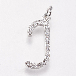 Letter J Brass Micro Pave Cubic Zirconia Letter Pendants, Letter.J, 9x19x2mm, Hole: 3mm