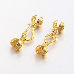 Golden Brass Hook and S-Hook Clasps, Flower, Lead Free & Cadmium Free, Golden, 28x7x6mm, 3.5mm Inner Diameter