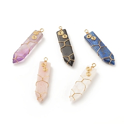 Mixed Stone Natural Mixed Gemstone Pointed Pendants, with Golden Tone Copper Wire wrapped, Sword, 58~60.5x14~15x7.5~9mm, Hole: 3~3.5mm