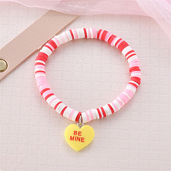 Разноцветный Браслеты с подвесками из цинкового сплава с эмалью ко Дню святого Валентина, Браслеты из полимерной глины, бусины хейши, эластичные для женщин, сердце со словом быть моим, красочный, внутренний диаметр: 2.72 дюйм (6.9 см)