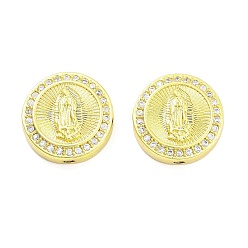 Настоящее золото 18K Покрытие стойки латунь микропаве прозрачные кубические циркониевые бусины, долговечный, без свинца и без кадмия, плоский круглый с узором Девы Марии, реальный 18 k позолоченный, 15x5 мм, отверстие : 1.2 мм