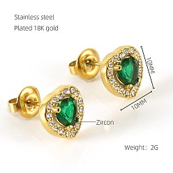 Сердце 304 из нержавеющей стали кубического циркония серьги стержня, золотые, сердце, 10x10 мм