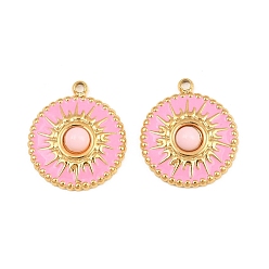 Perlas de Color Rosa 304 colgantes de esmalte de acero inoxidable, dijes redondos y planos con patrón de sol, con acrílico, revestimiento de iones (ip), real 18 k chapado en oro, rosa perla, 17.5x15x4 mm, agujero: 1.5 mm