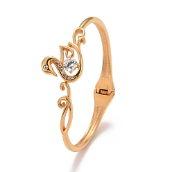Golden Crystal Rhinestone Swan Cuff Bangle, Hinged Open Bangle for Women, Ion Plating(IP), Golden, Inner Diameter: 2-1/4 inch(5.65cm)