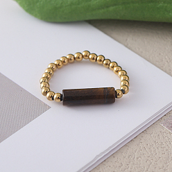 Тигровый глаз Регулируемые кольца из натурального тигрового глаза с бусинами из нержавеющей стали, золотые, внутренний диаметр: регулируемый