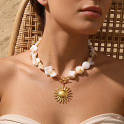 Sun Ocean 304 Stainless Steel Pendant Natural Shell Nuggets Beaded Necklaces for Women, Real 18K Gold Plated, Seashell Color, Sun, 16.54 inch(42cm), pendant: 38x42mm