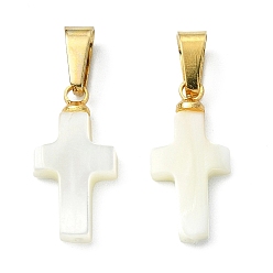 Золотой Натуральный белый оболочки подвески, религия крест прелести, с 304 защелкой из нержавеющей стали на поручнях, золотые, 16.5~17x8x2.5 мм, отверстие : 6x3 мм