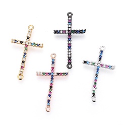 Mixed Color Brass Micro Pave Cubic Zirconia Links, Sideways Cross, Colorful, Mixed Color, 28.5~29.5x16x2mm, Hole: 1.4mm