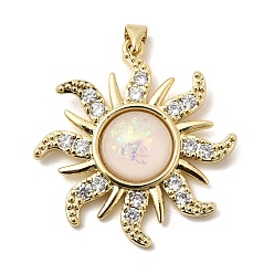Настоящее золото 18K Латунные микропаве прозрачные подвески с фианитом, долговечный, стойки покрытие, без свинца и без кадмия, солнечные чары, cmолой, реальный 18 k позолоченный, 36x34x7 мм, отверстие : 3.5x2 мм