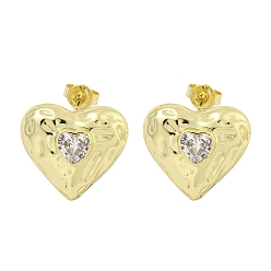 Real 18K Gold Plated Heart Texture Brass Micro Pave Cubic Zirconia Stud Earrings for Women, Cadmium Free & Lead Free, Long-Lasting Plated, Real 18K Gold Plated, 15.5x17mm