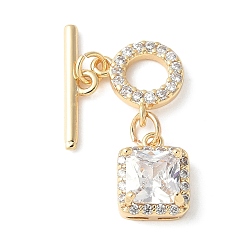 Настоящее золото 18K Латунные застежки-тоггл из прозрачного кубического циркония, без кадмия, без никеля и без свинца, кольцо с квадратом, реальный 18 k позолоченный, 24 мм, отверстие : 1.2 мм, Sqare: 10x8x5 мм, отверстие : 1.25 мм, бар: 15x4x1.5 mm, отверстие : 1.2 мм