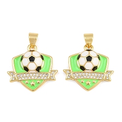 Citron Vert Pendentifs en laiton zircon cubique transparent, avec l'émail, bouclier orné de breloques de football, réel 18 k plaqué or, lime, 19x19.5x5.5mm, Trou: 4x3.5mm