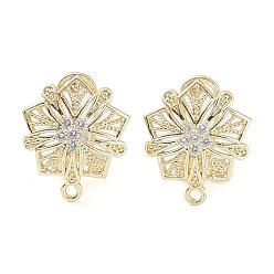 Plaqué 18K Or Véritable Boucles d'oreilles en laiton, fleur creuse, micro pavé, zircone cubique, recherche, avec boucles horizontales, sans cadmium et sans plomb, réel 18 k plaqué or, 18x15.5mm, Trou: 1.5mm, pin: 0.8 mm