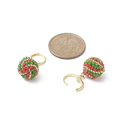 Sea Green Handmade MIYUKI Japanese Seed Braided Round Ball Dangle Leverback Earrings, Real 18K Gold Plated Brass Jewelry for Women, Sea Green, 31.5~32mm, Pin: 1mm