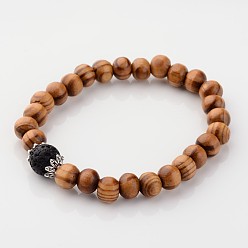 Black Wood Stretch Bracelets, with Natural Lava Rock Beads and Metal Findings, Black, 55mm