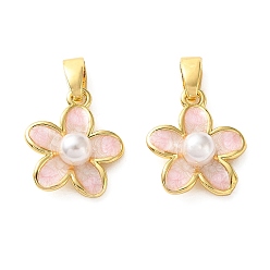 Pink Латунь с эмалевыми подвесками, с ABS имитации жемчуга, , реальный 18 k позолоченный, розовые, 14x12x5 мм, отверстие : 5x2.5 мм
