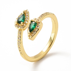 Зеленый Открытое кольцо-манжета каплевидного циркония, настоящие позолоченные украшения из латуни для женщин, без свинца и без кадмия, зелёные, размер США 18 7 (3/4 мм)