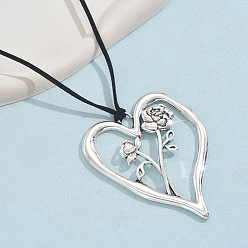Античное Серебро Рождение цветок сердце кулон цинковый сплав черный искусственная замша шнур ожерелья для женщин, античное серебро, 31.50~33.46 дюйм (80~85 см)